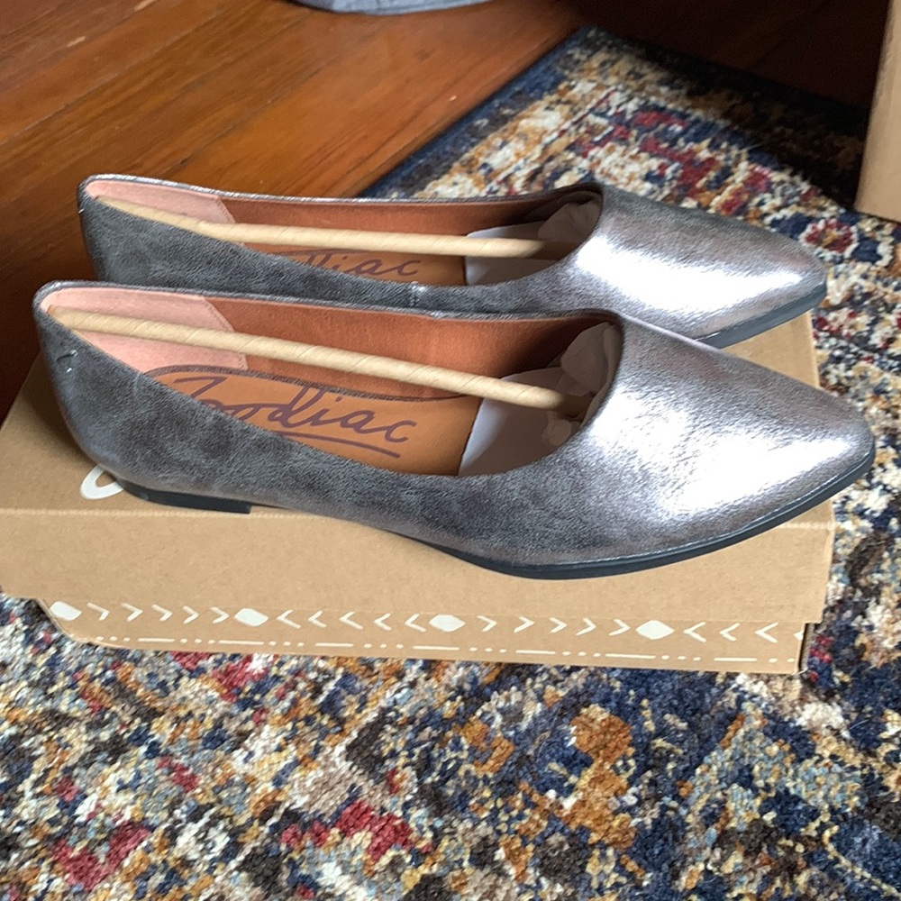 NEW in box pointed-toe flats by Zodiac. Pewter Metallic. Style: Hill. US 8.